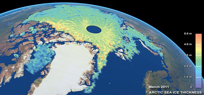 Eiskarte der Arktis im März 2011 hergestellt aus Daten des Satelliten «Cryosat-2»