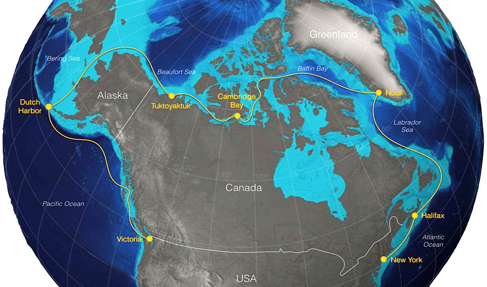 Gemäss den Organisatoren sollen die Jachten in New York starten und auf ihrem Weg nach Victoria, BC, Kanada Zwischenhalte in Halifax, Nuuk, Cambridge Bay, Tuktoyaktuk und Dutch Harbor (Aleuten) einlegen. Karte: Sailing The Arctic Race